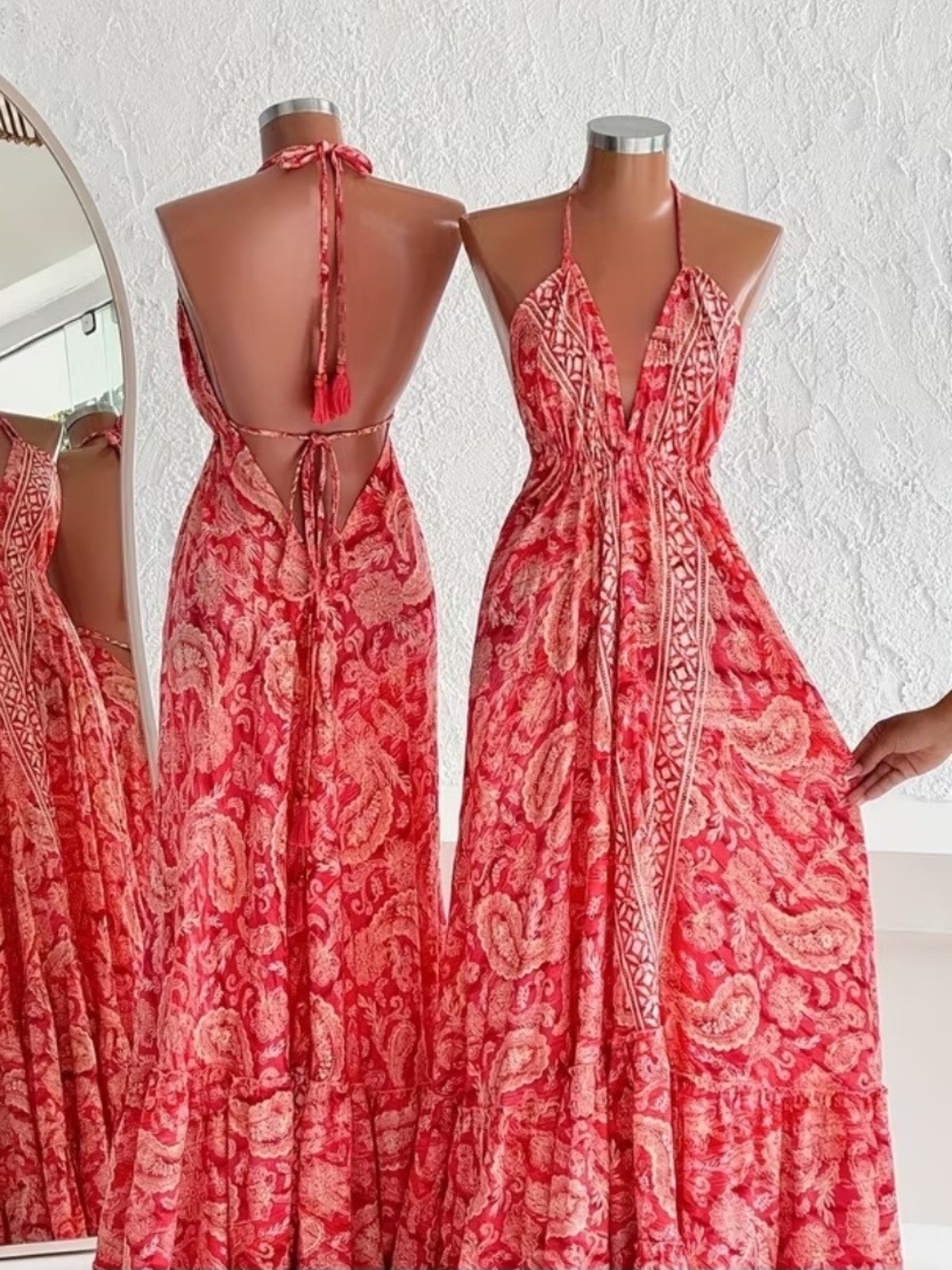 Boho Halter Maxi Dress in Coral Paisley